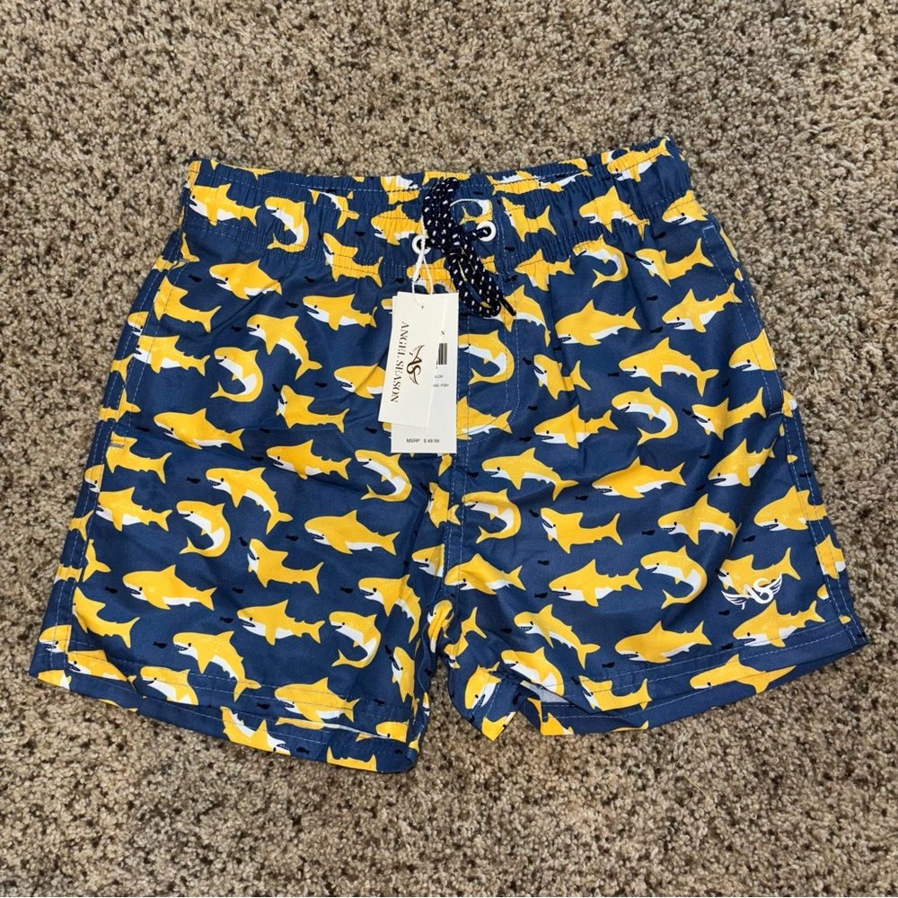 Angel Season Navy Yellow Sharks Swim Trunks Size 7-8 NWT